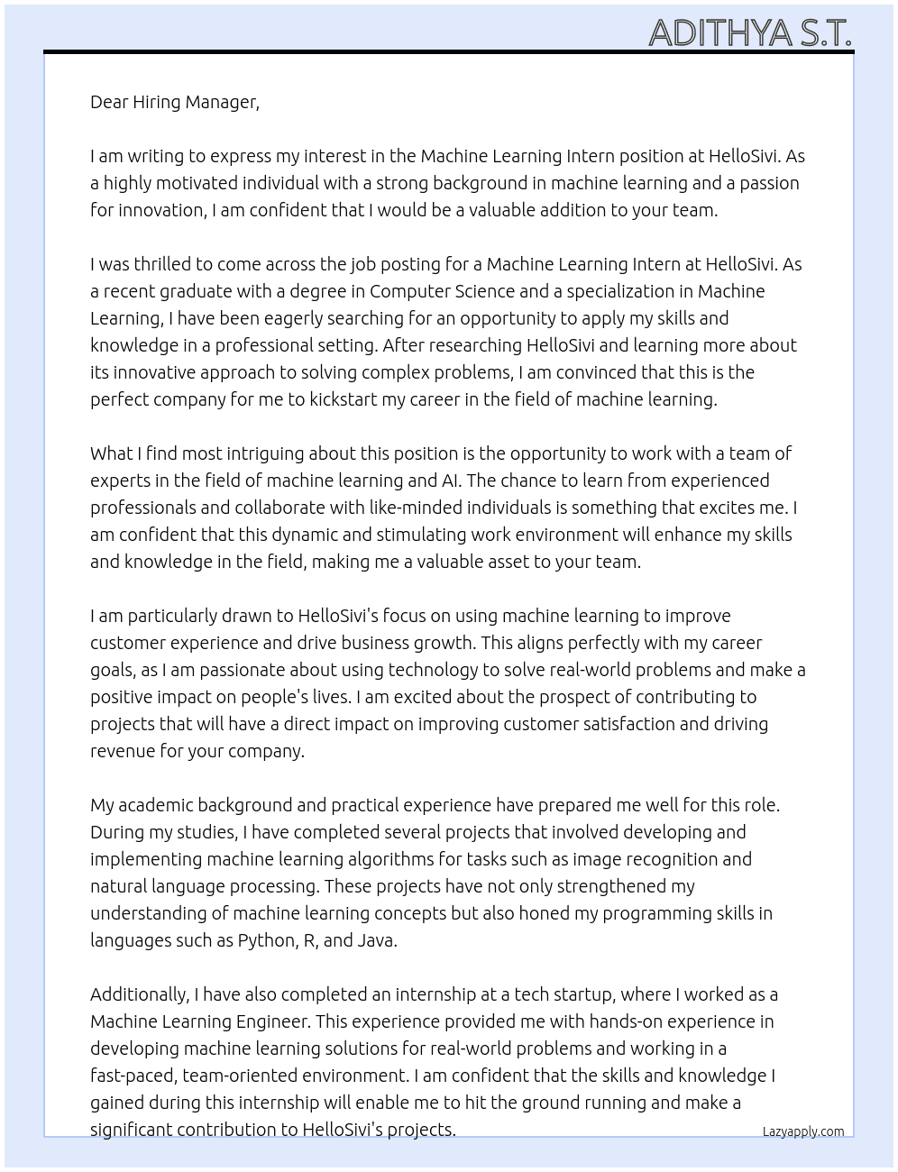 Machine Learning Intern At HelloSivi Cover Letter
