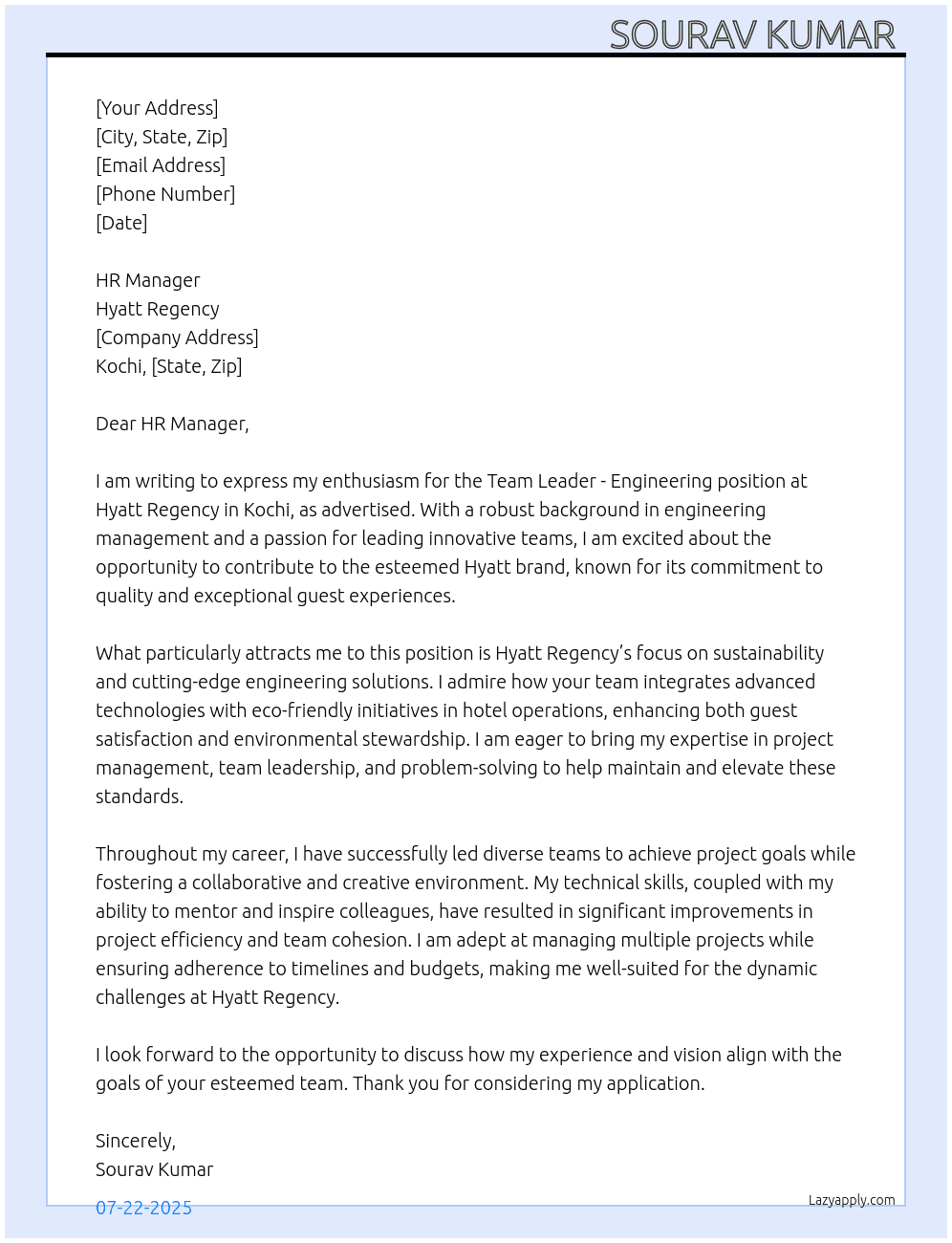 Team Leader - Engineering  At Hyatt Regency Cover Letter