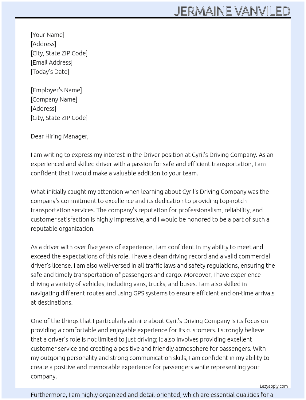 Driver At Cyril's Driving Company Cover Letter