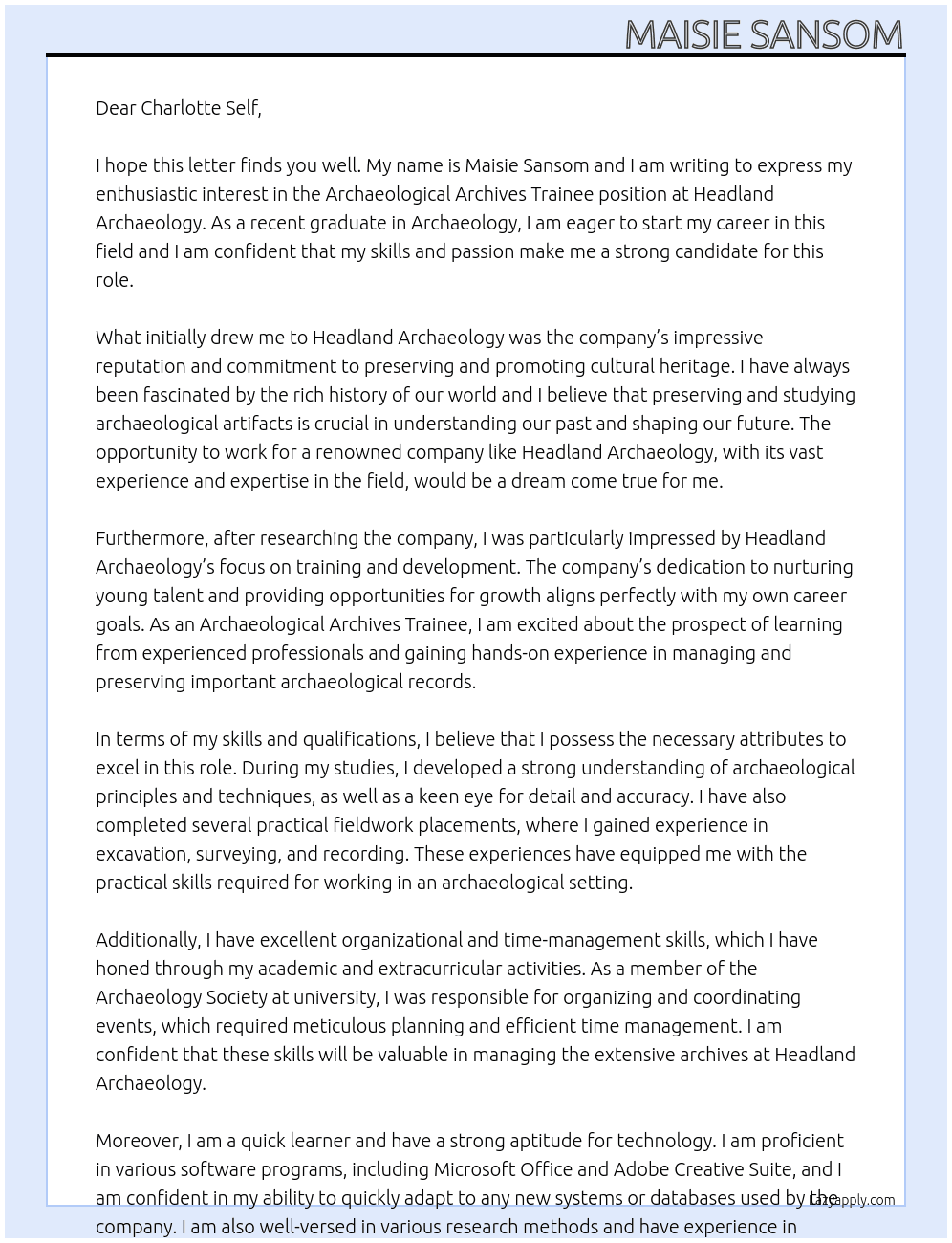 Archaeological Archives Trainee At Headland Archaeology  Cover Letter