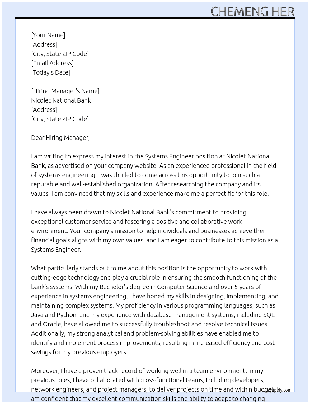 Systems Engineer At Nicolet National Bank Cover Letter