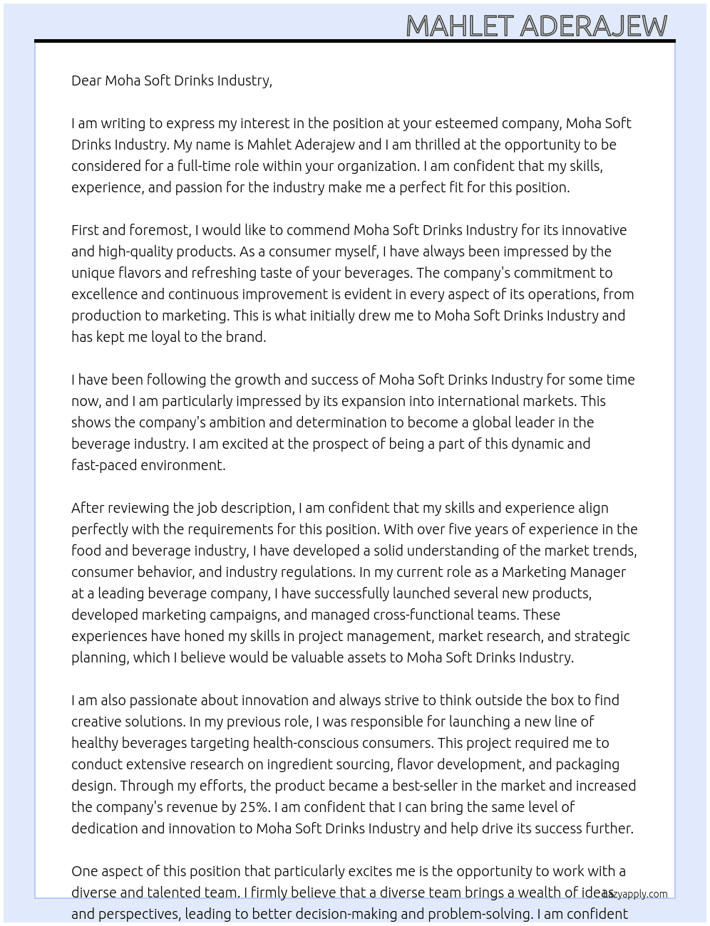Cover letter for moha soft drinks industry - LazyApply