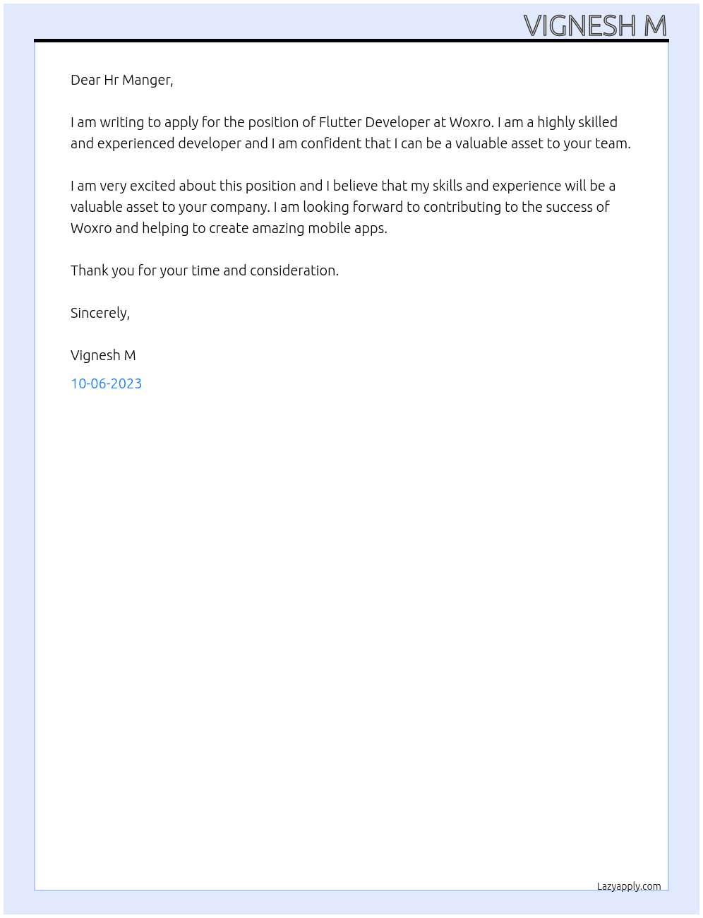 Flutter Developer  At Woxro Cover Letter