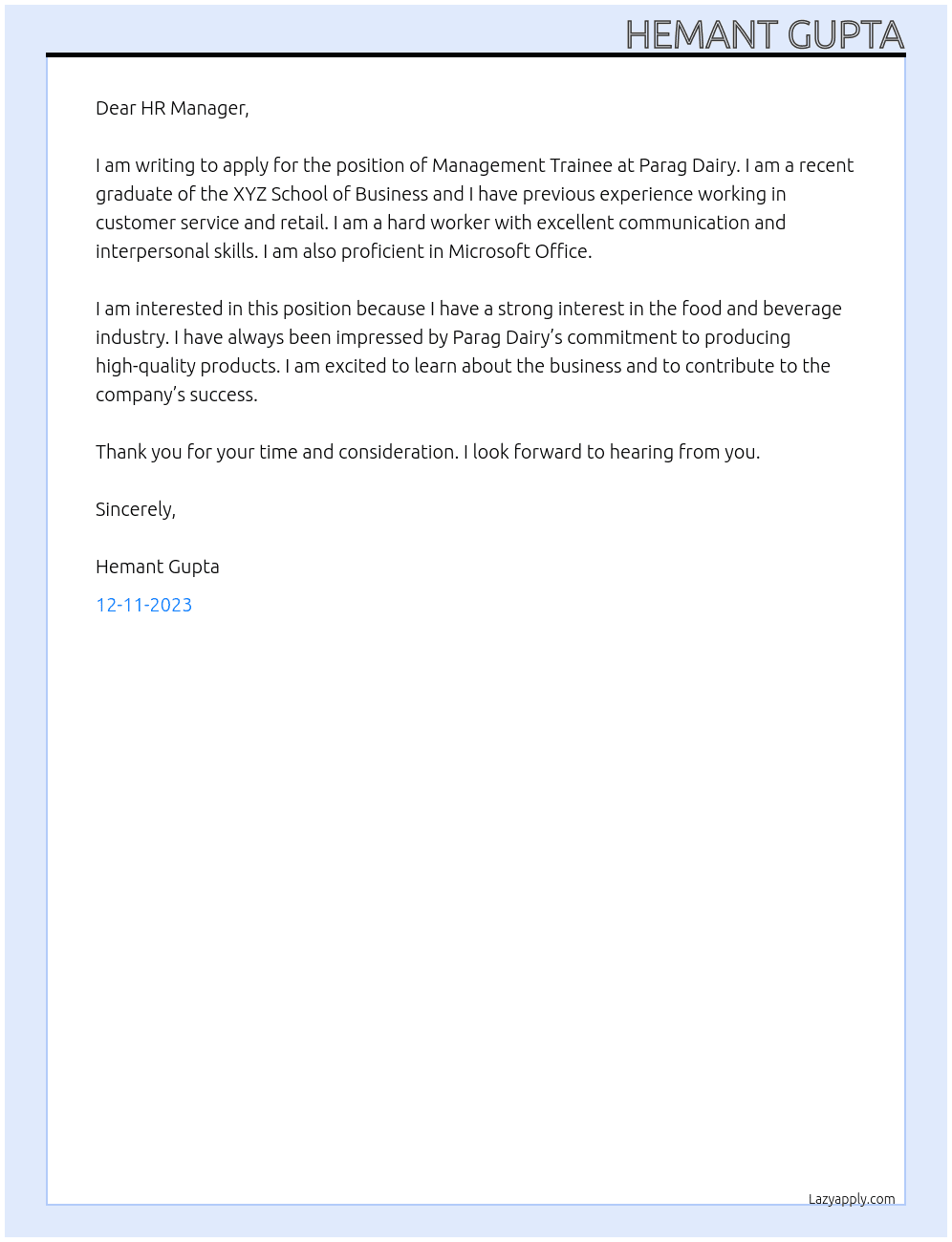 Management Trainee At Parag Dairy Cover Letter