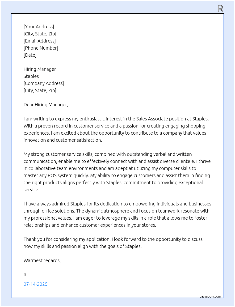 Sales Associate At Staples Cover Letter