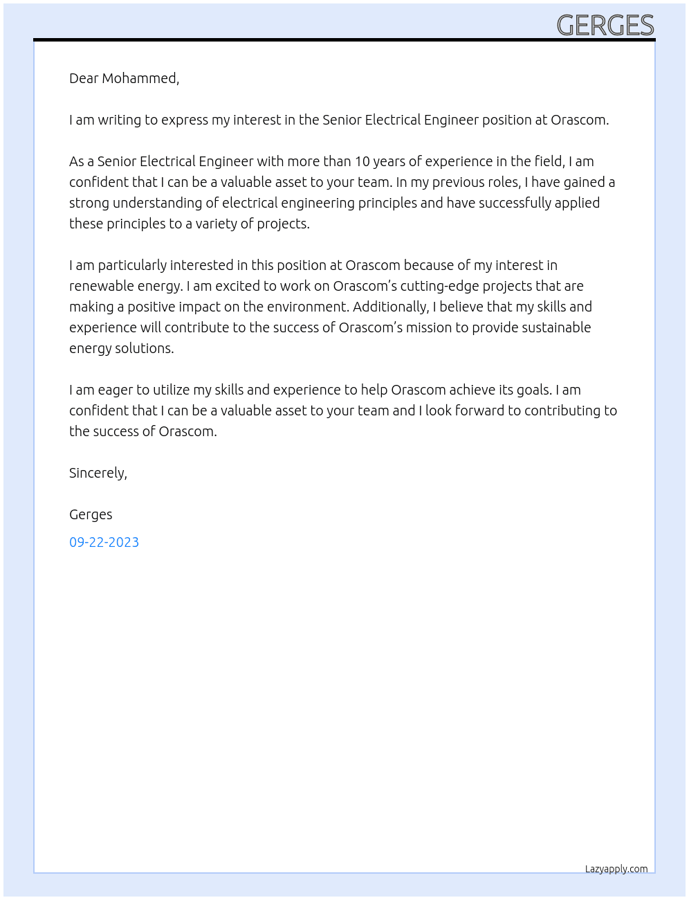Senior Electrical Engineer At Orascom Cover Letter