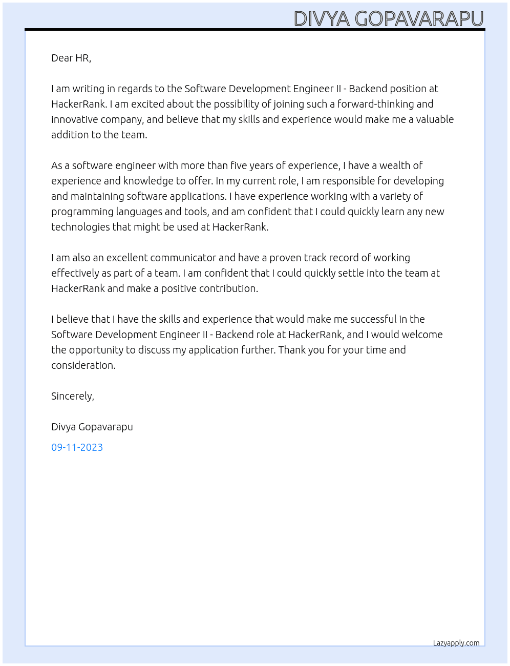 Software Development Engineer II - Backend At HackerRank Cover Letter