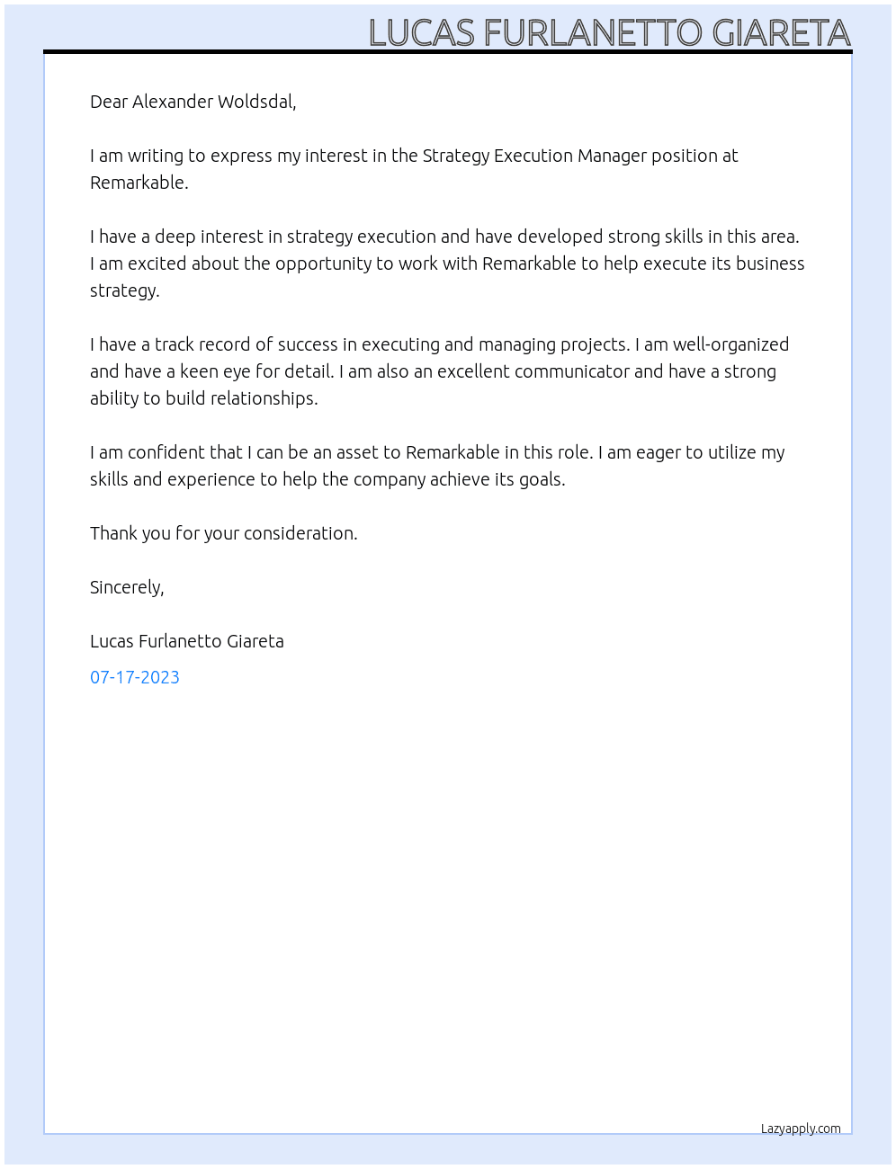 Strategy Execution Manager At Remarkable Cover Letter