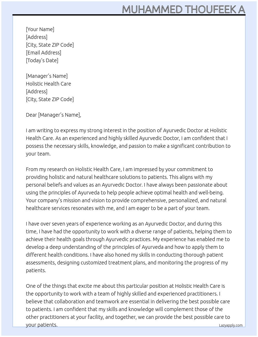 Ayurvedic Doctor At Holistic Health care  Cover Letter