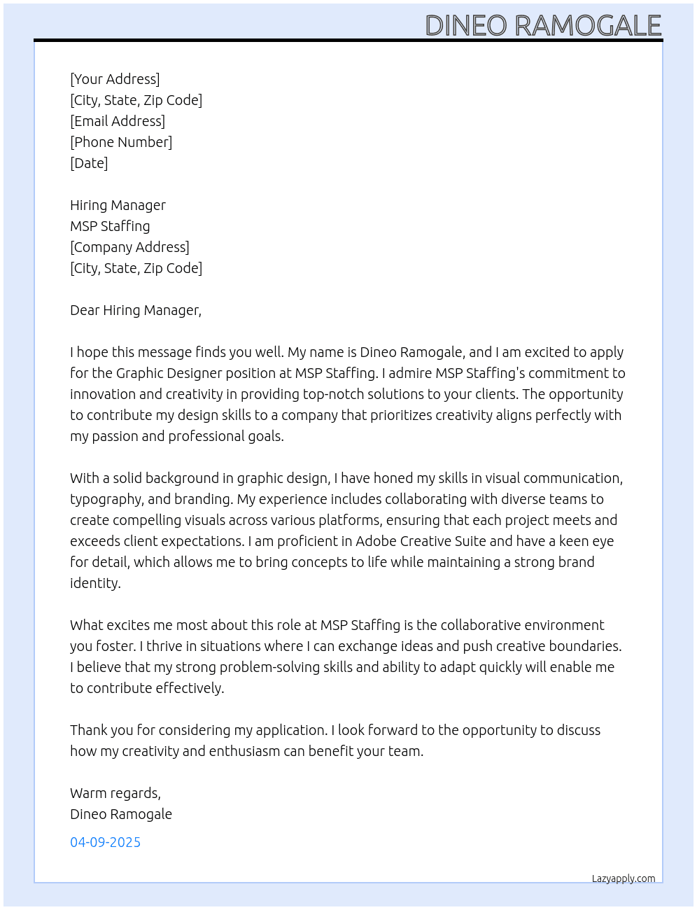 Graphic Designer At MSP Staffing Cover Letter