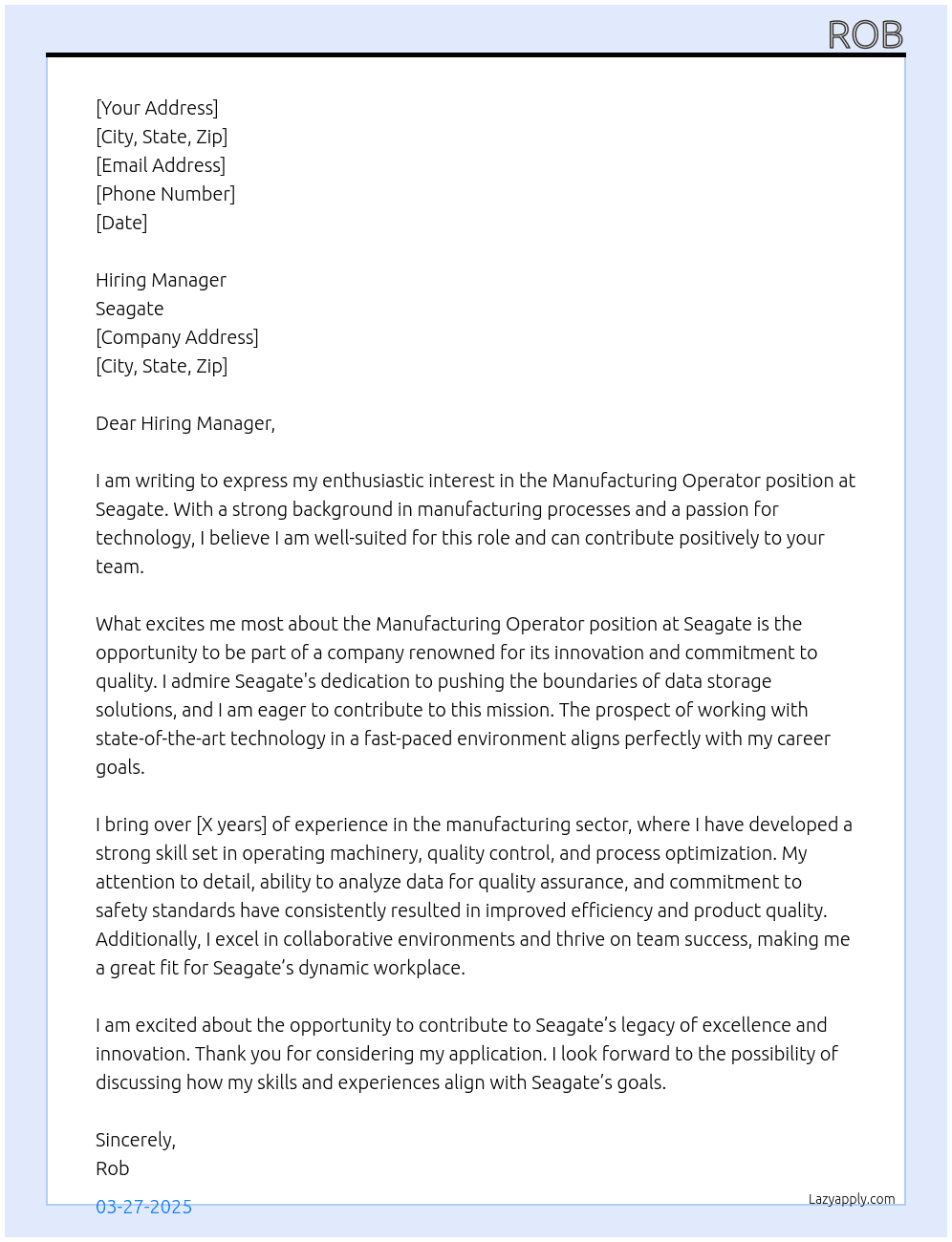 manufacturing operator At Seagate Cover Letter
