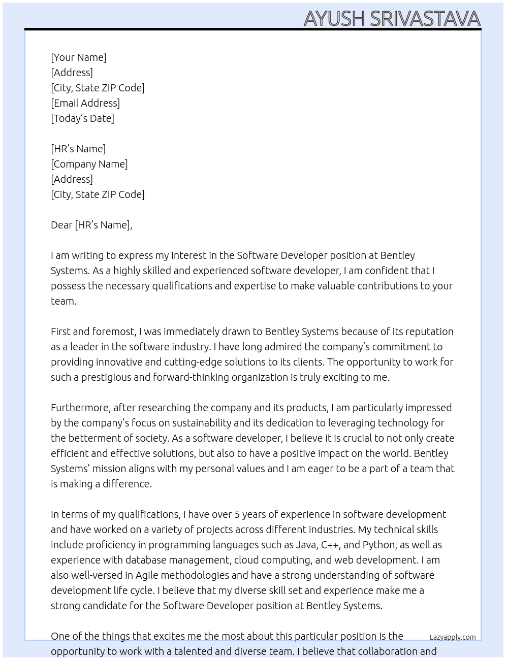 softwere developer At bentley systems Cover Letter