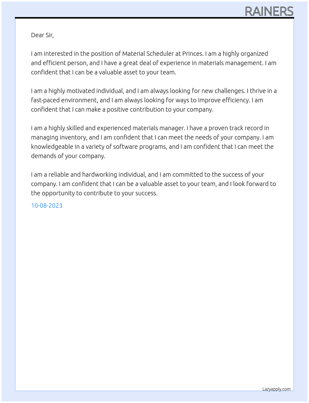 Material scheduler At Princes Cover Letter