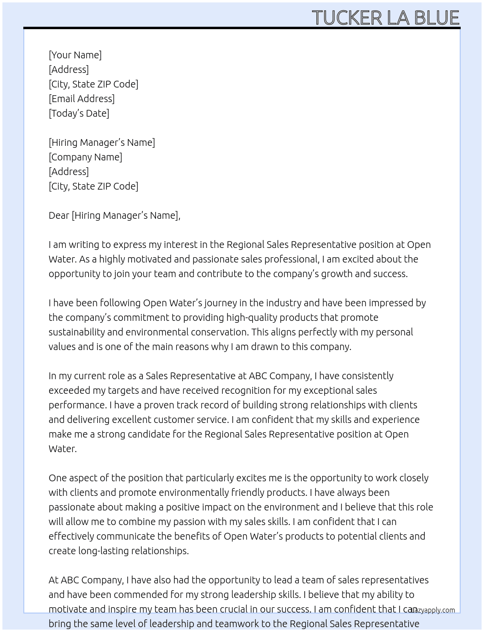 Regional Sales Representative At Open Water Cover Letter