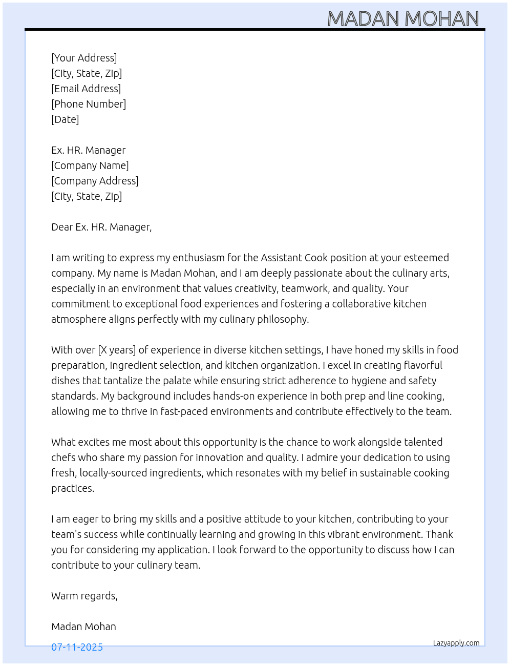 Asst cook At Ex. HR. Manager  Cover Letter
