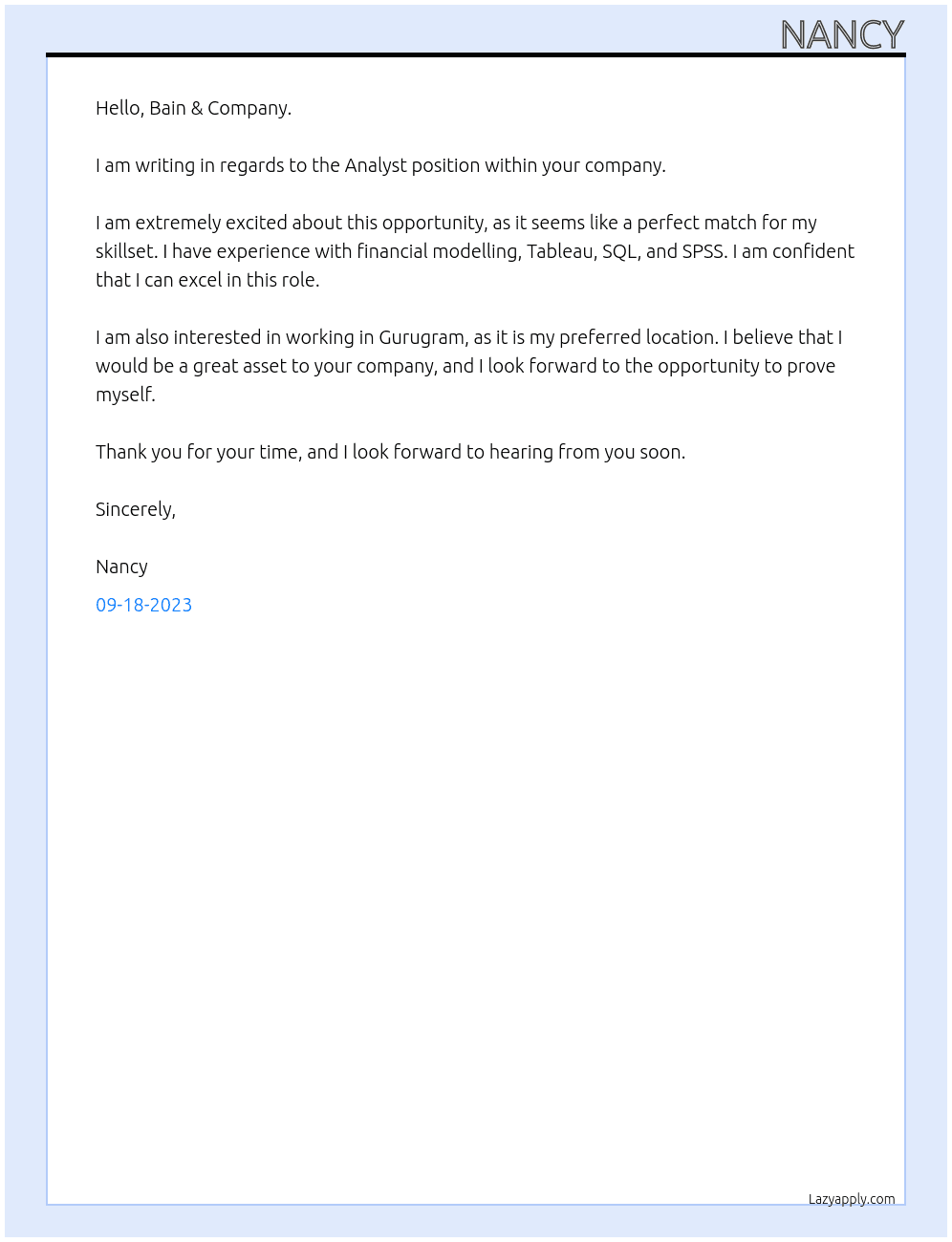 Analyst At bain capability network Cover Letter