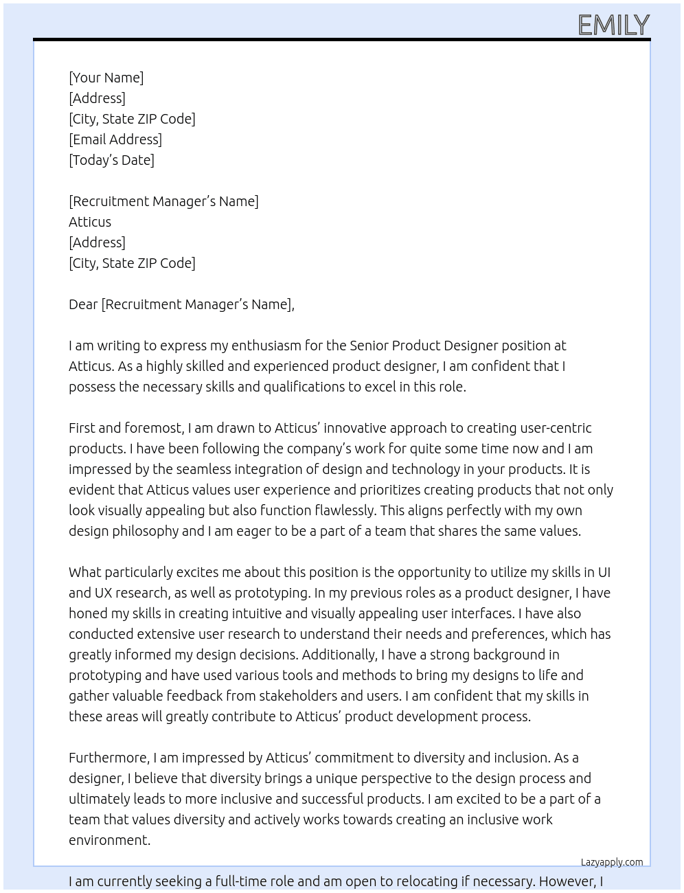 Senior Product Designer At Atticus Cover Letter