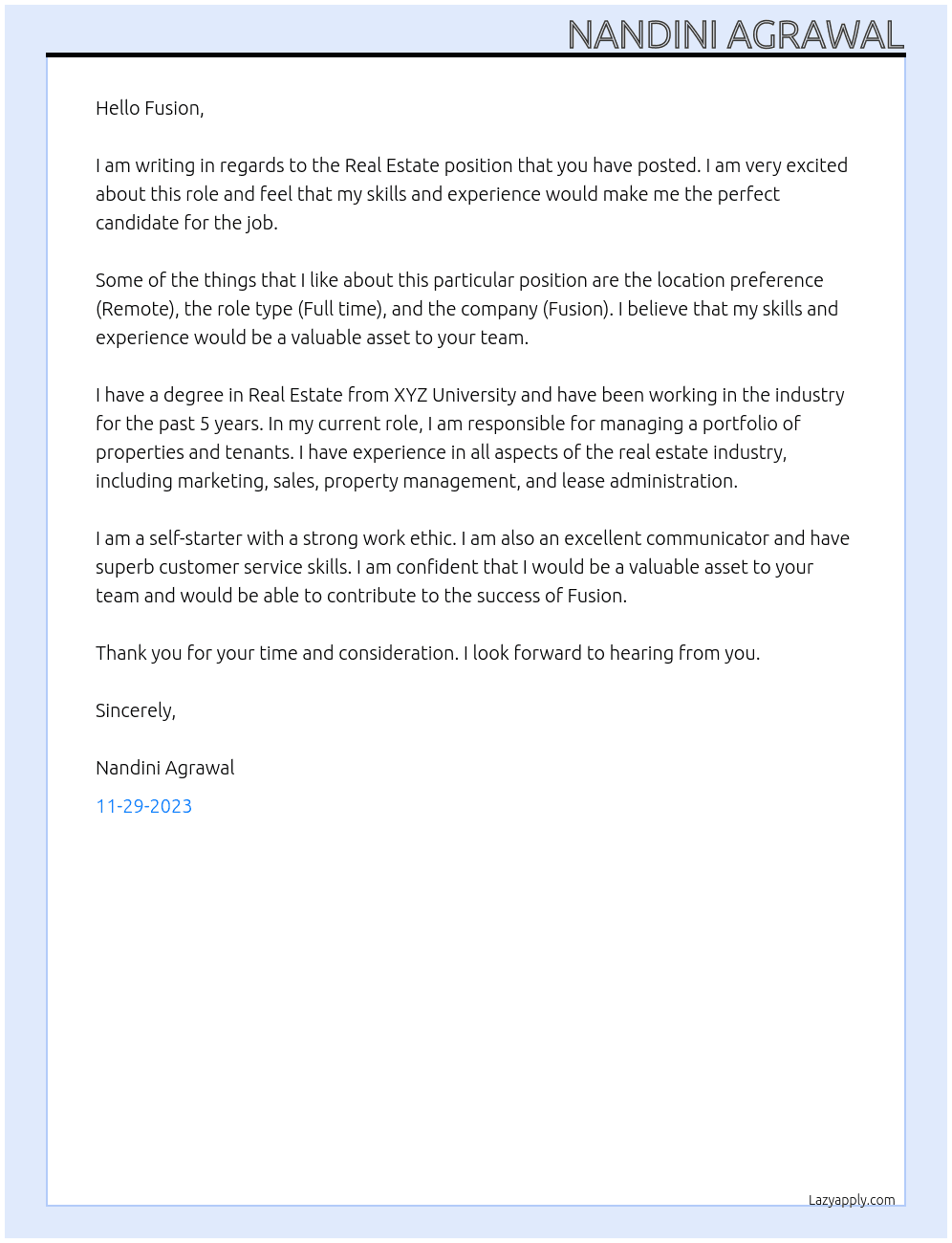 Real estate  At Fusion Cover Letter
