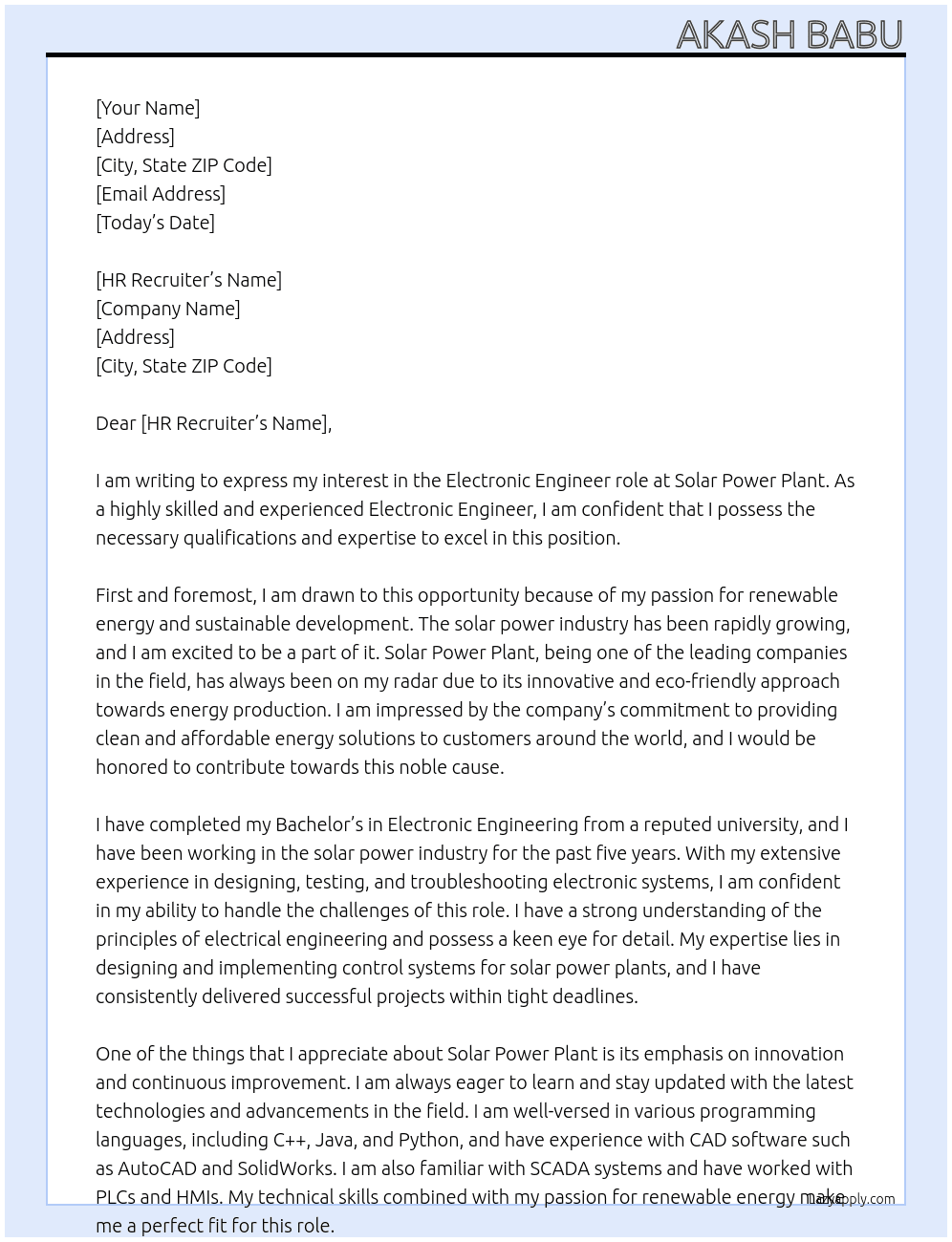  solar Power plant field At Solar Power plant Cover Letter