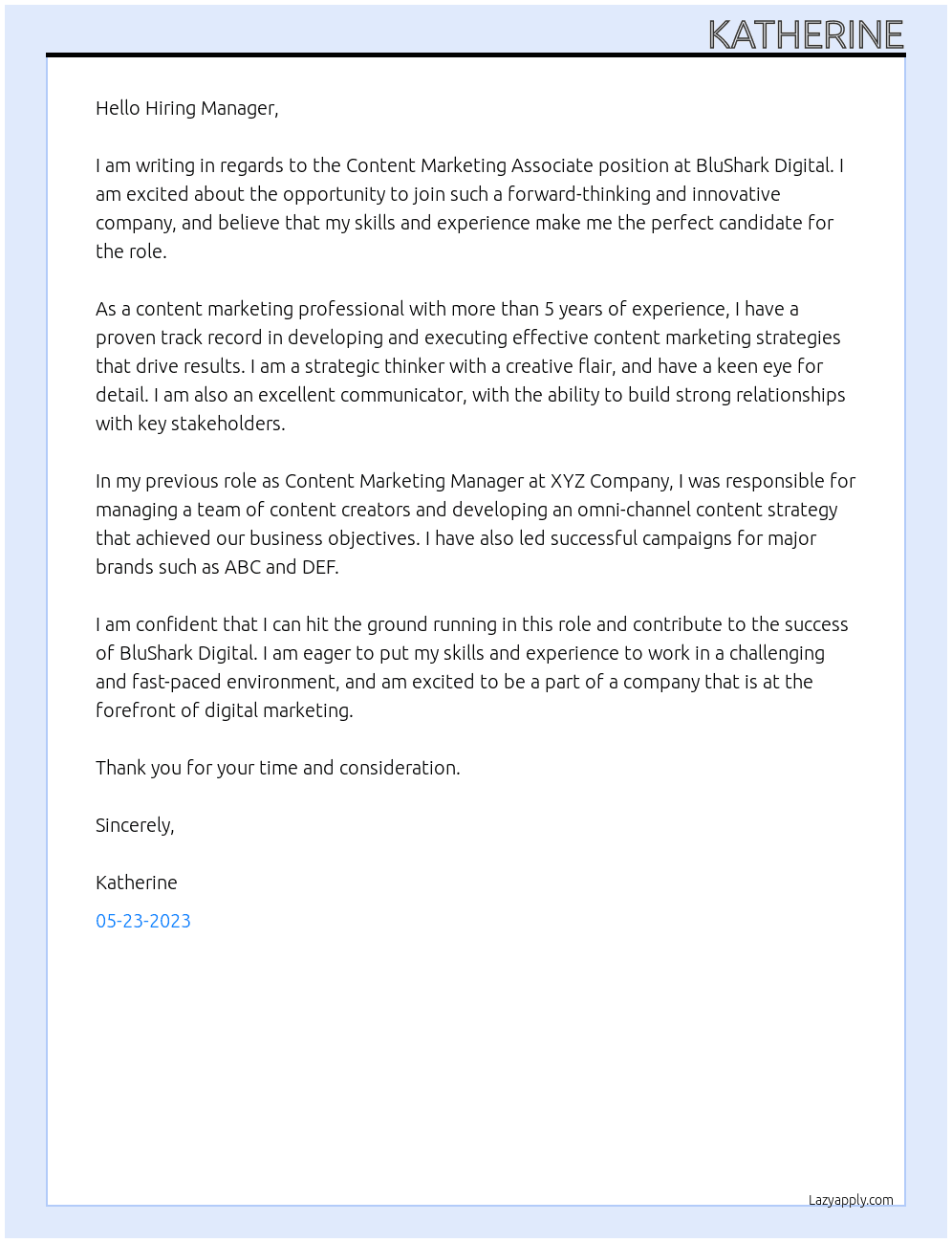 Content Marketing Associate At BluShark Digital Cover Letter