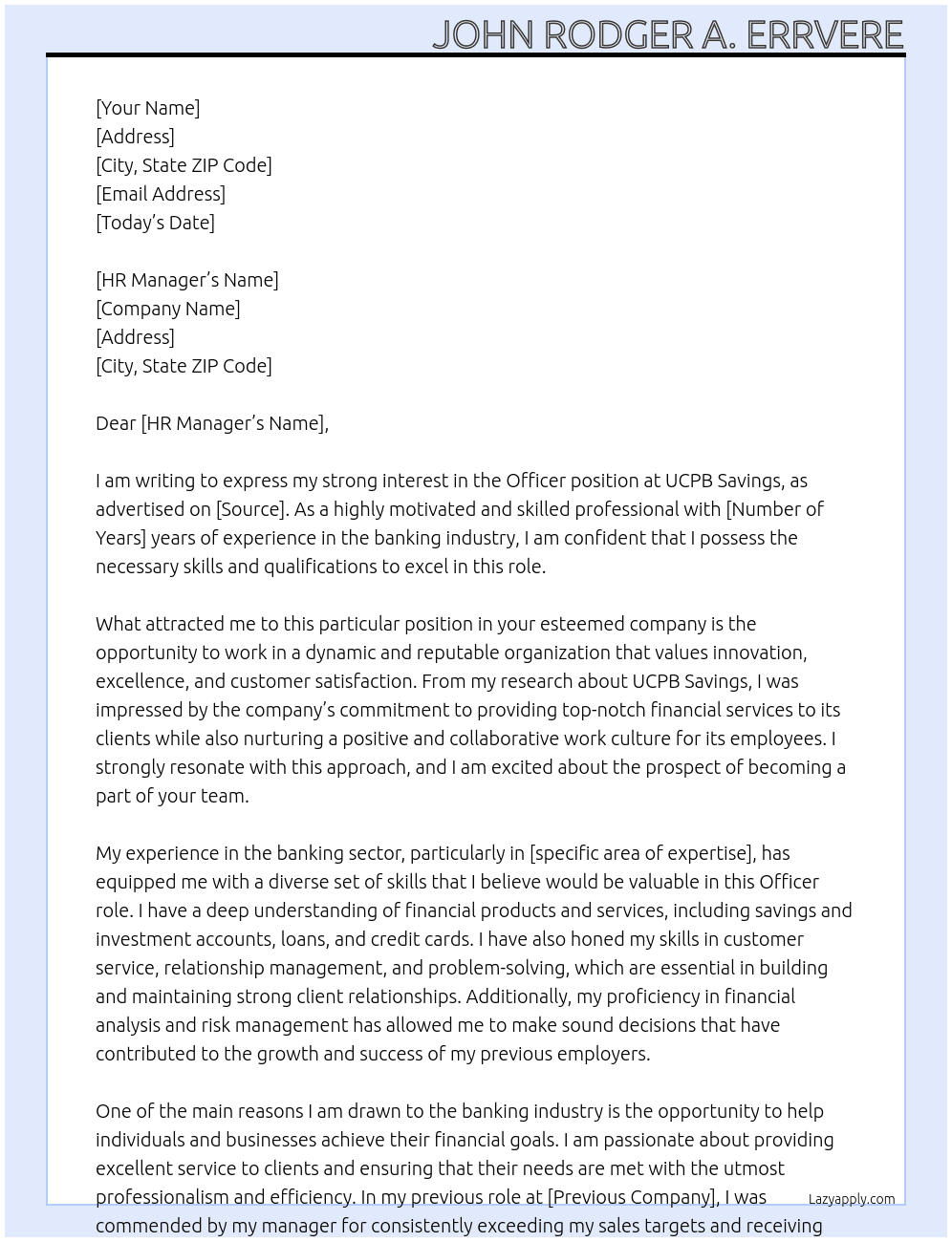 officer At UCPB Savings Cover Letter