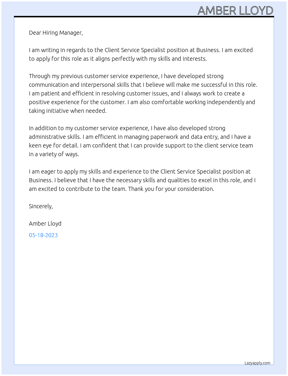 Client service specialist  At Business  Cover Letter