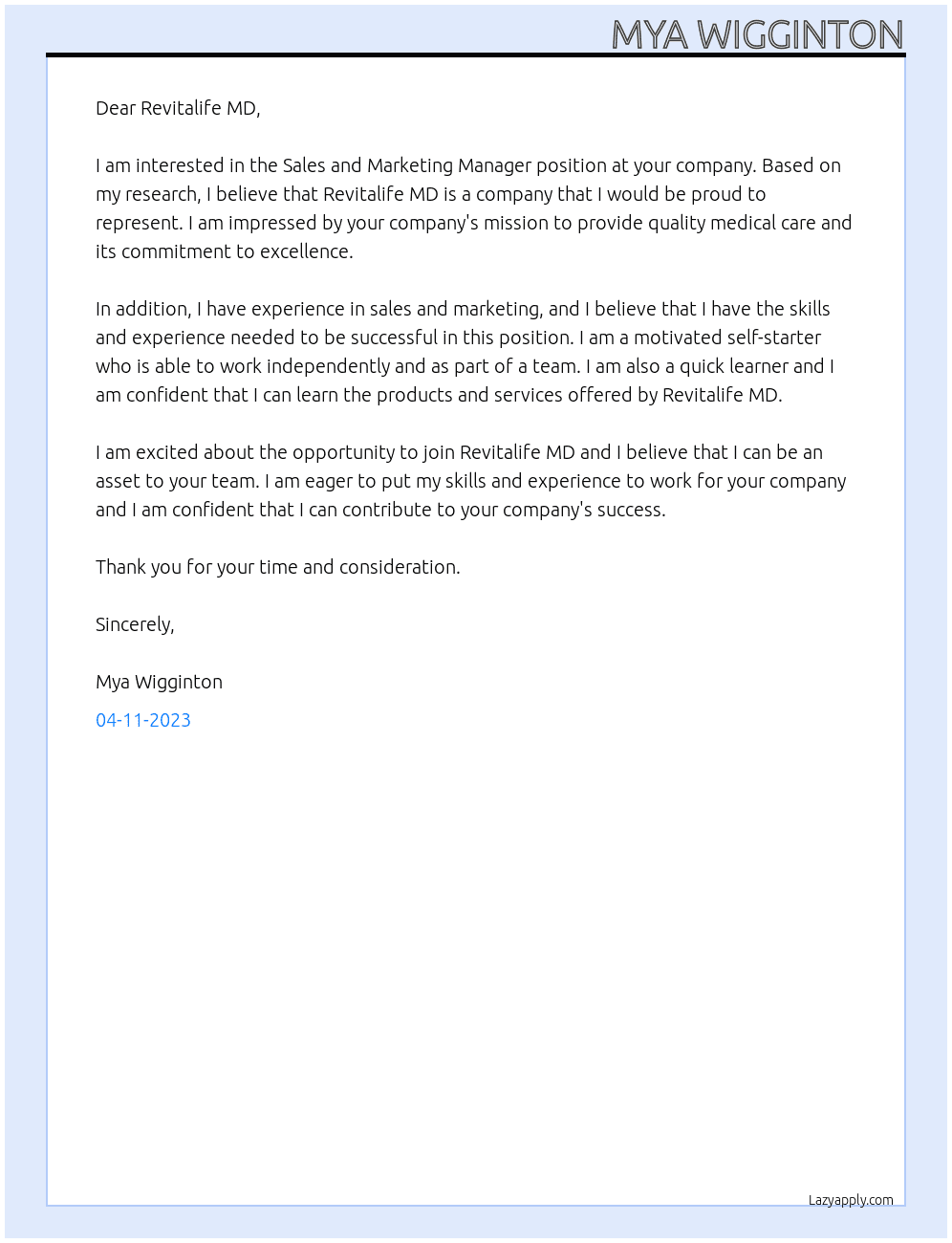 Sales and Marketing Manager At Revitalife MD Cover Letter