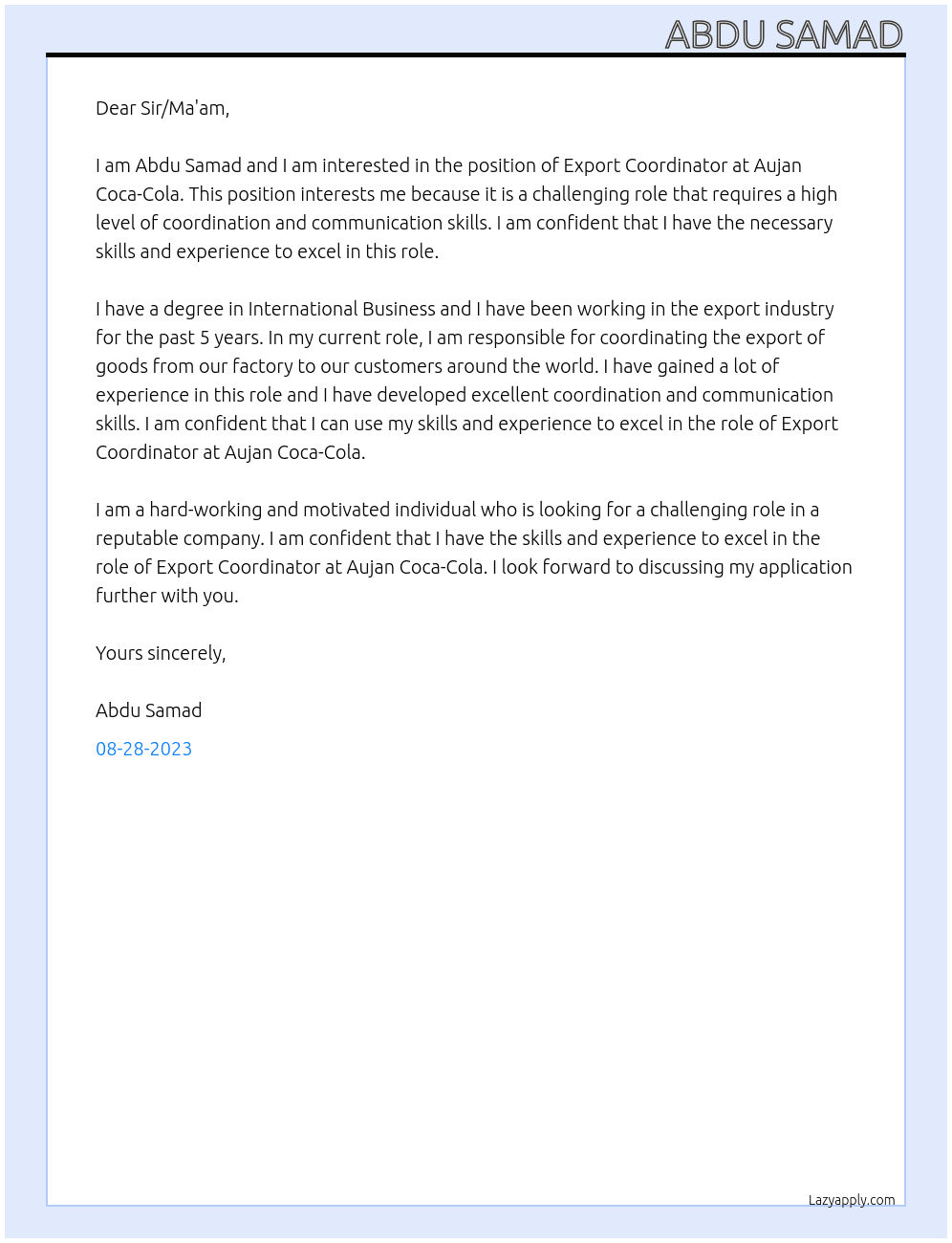 Export Coordinator At Aujan Coca-Cola Cover Letter
