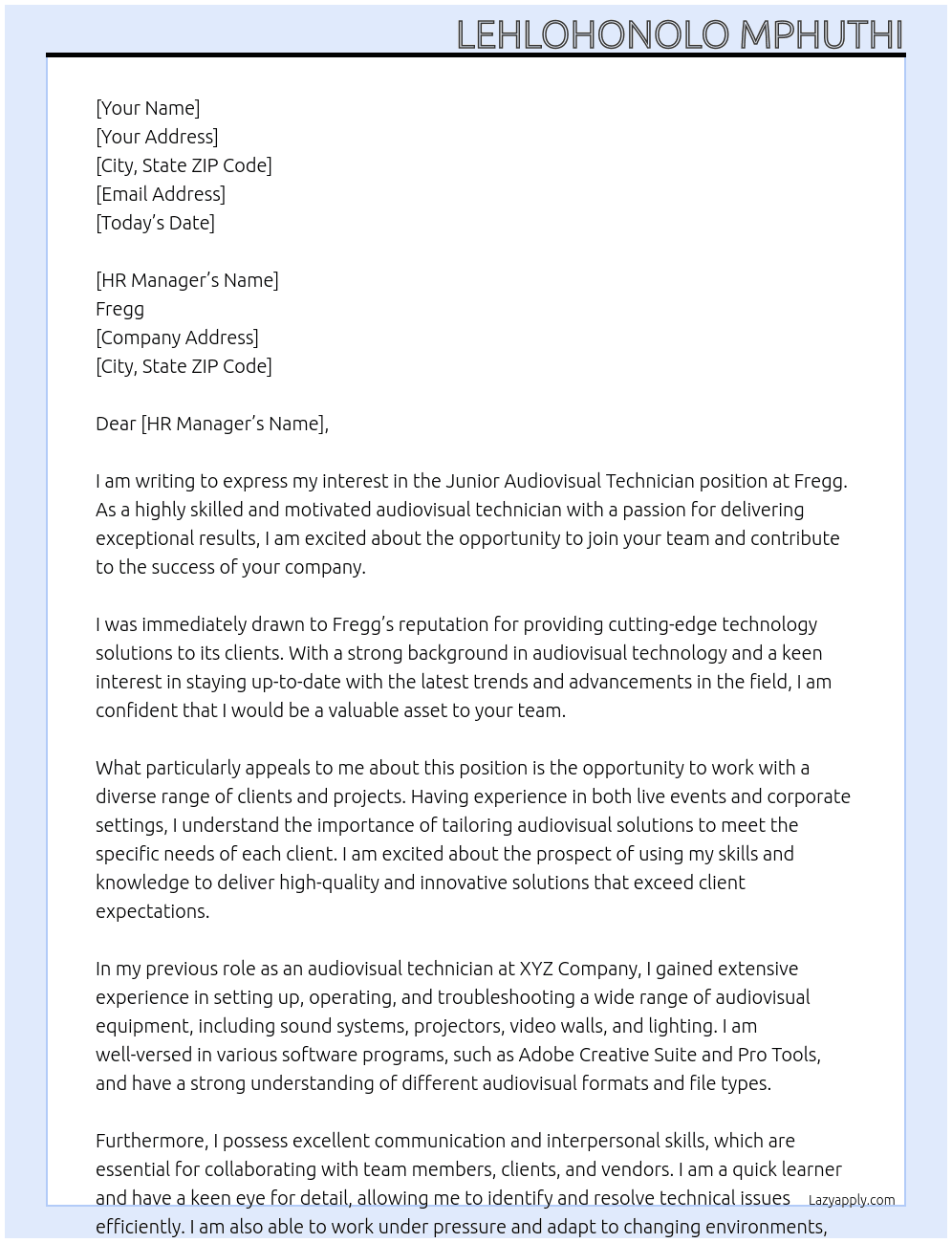 Junior audiovisual Technician   At Fregg Cover Letter