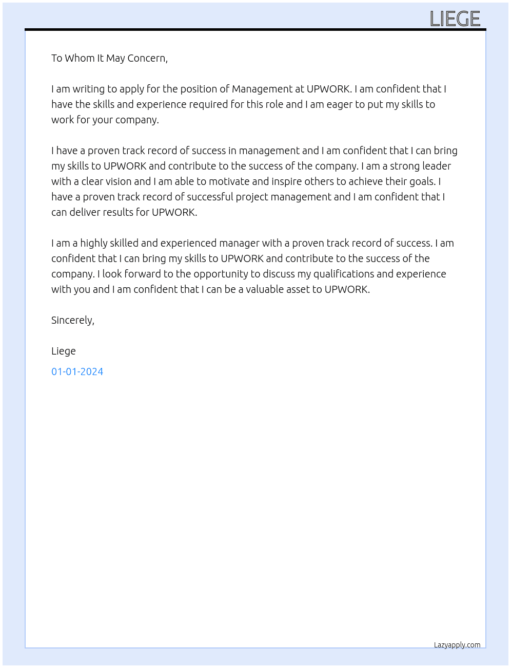 Management At UPWORK Cover Letter