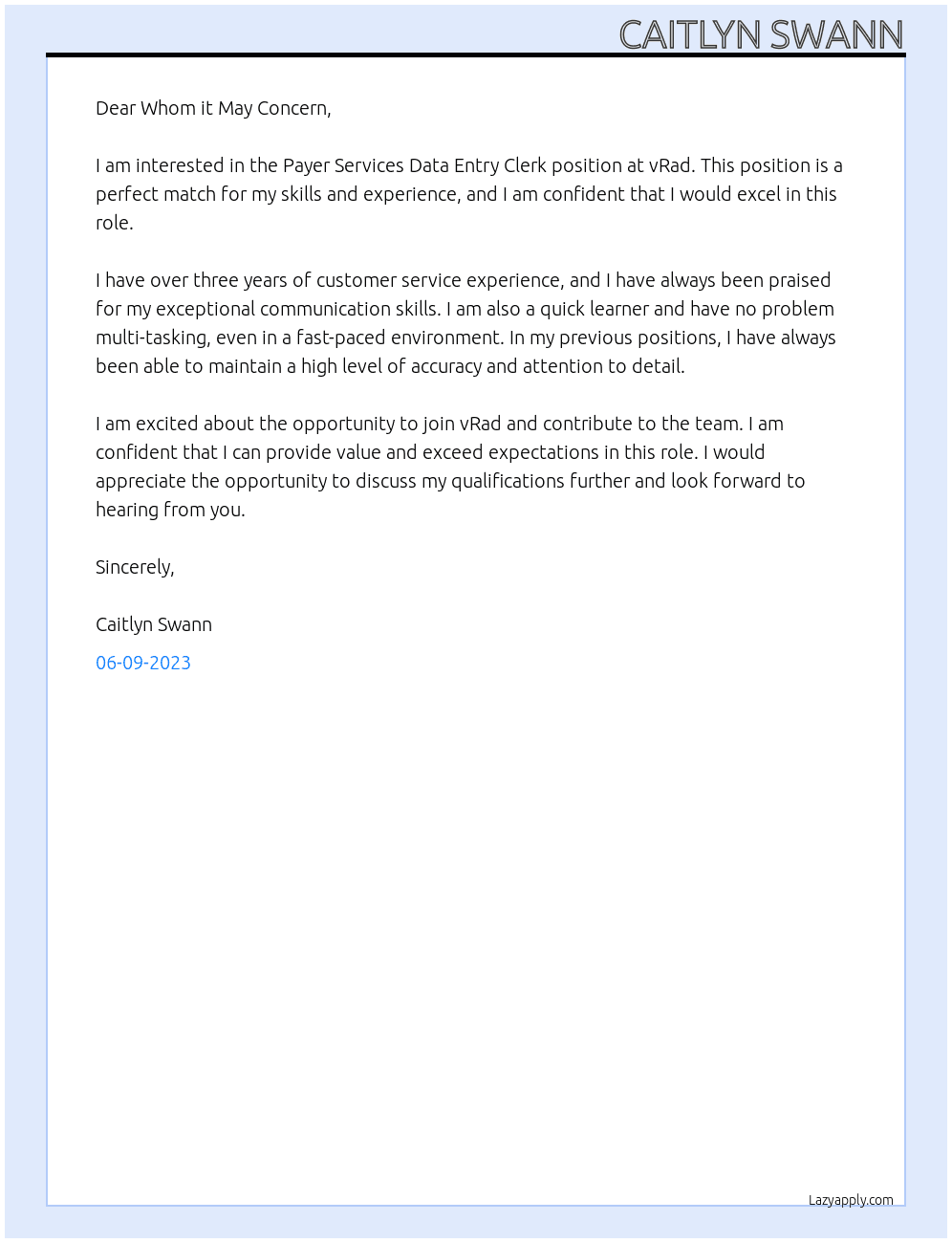 Payer Services Data Entry Clerk At vRad Cover Letter