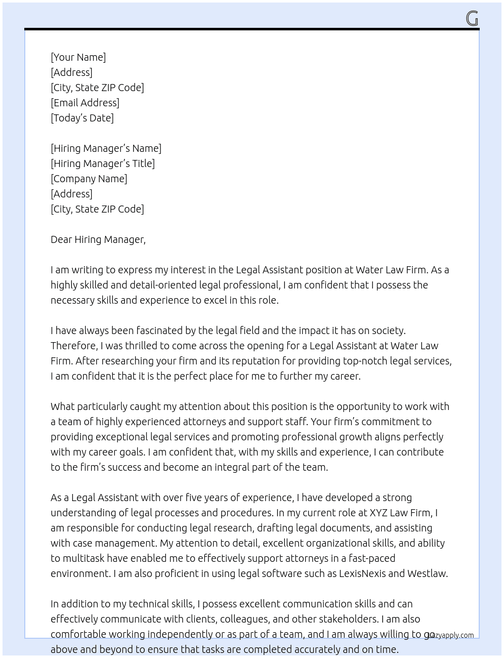 Legal Assistant At water law firm Cover Letter