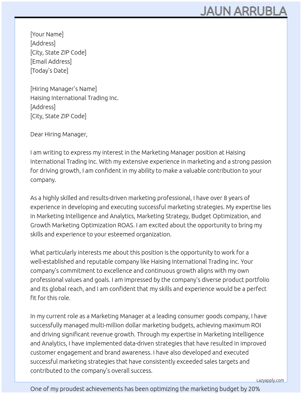 Marketing manager At Haising International Trading Inc. Cover Letter