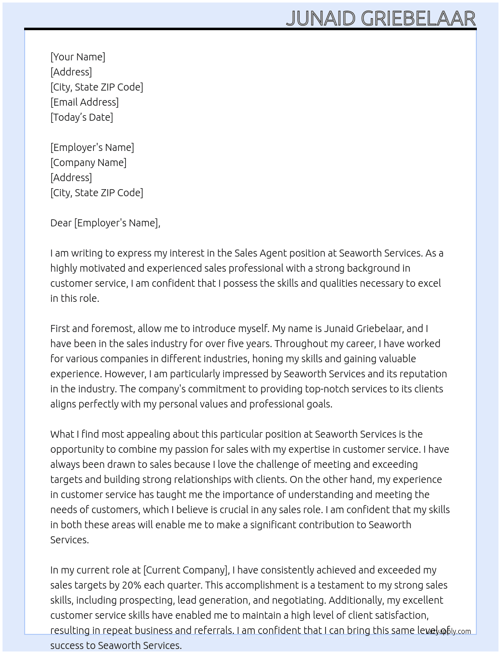 sales agent At seaworth services Cover Letter