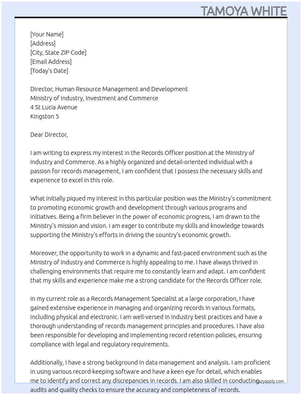 Records Officer  At Ministry of Industry and Commerce Cover Letter