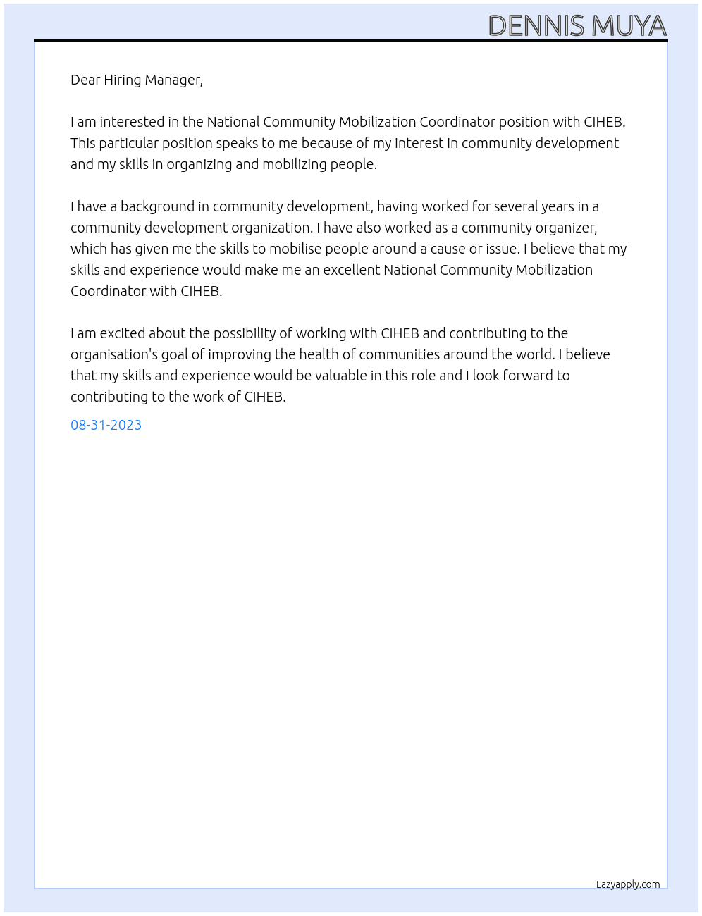  National Community Mobilization Coordinator At CIHEB Cover Letter