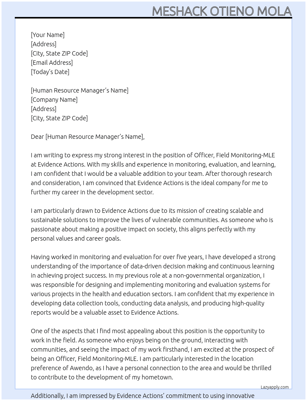 Cover letter for officer, field monitoring-mle - LazyApply