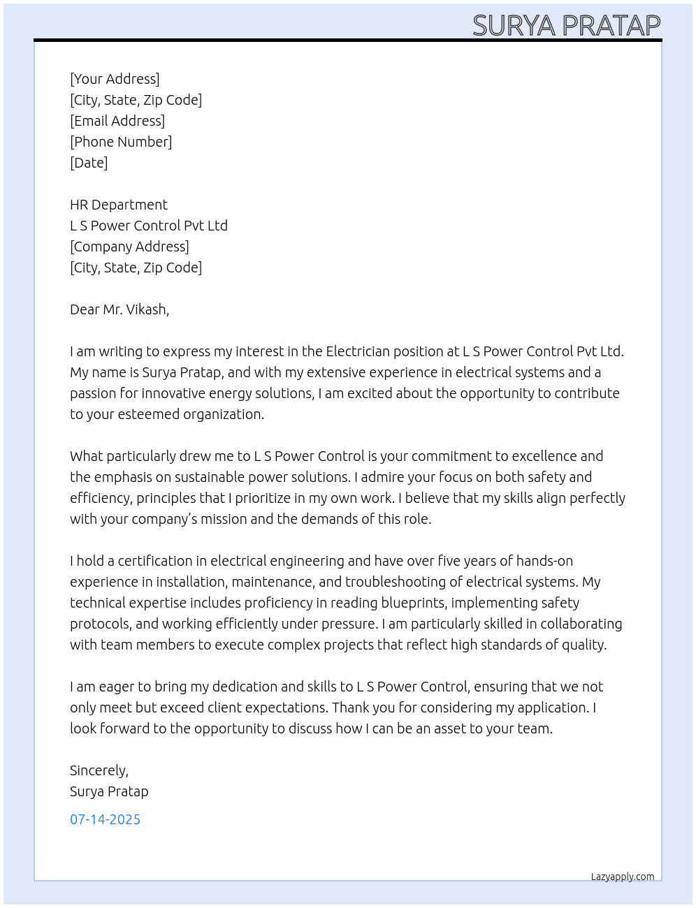 electrician At l s power control pvt ltd Cover Letter