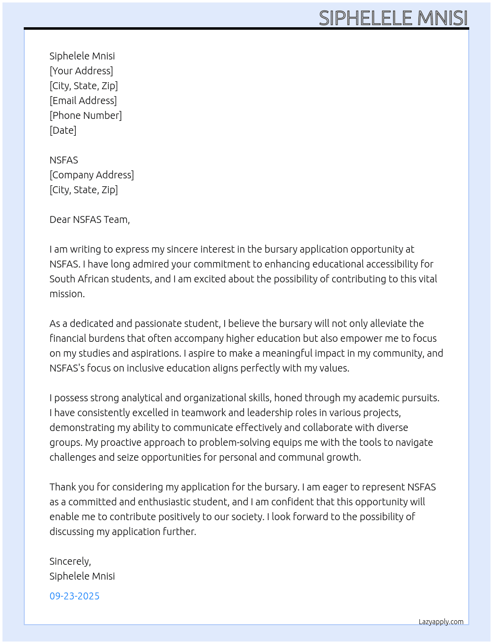 Cover letter for bussary appliaction letter - LazyApply