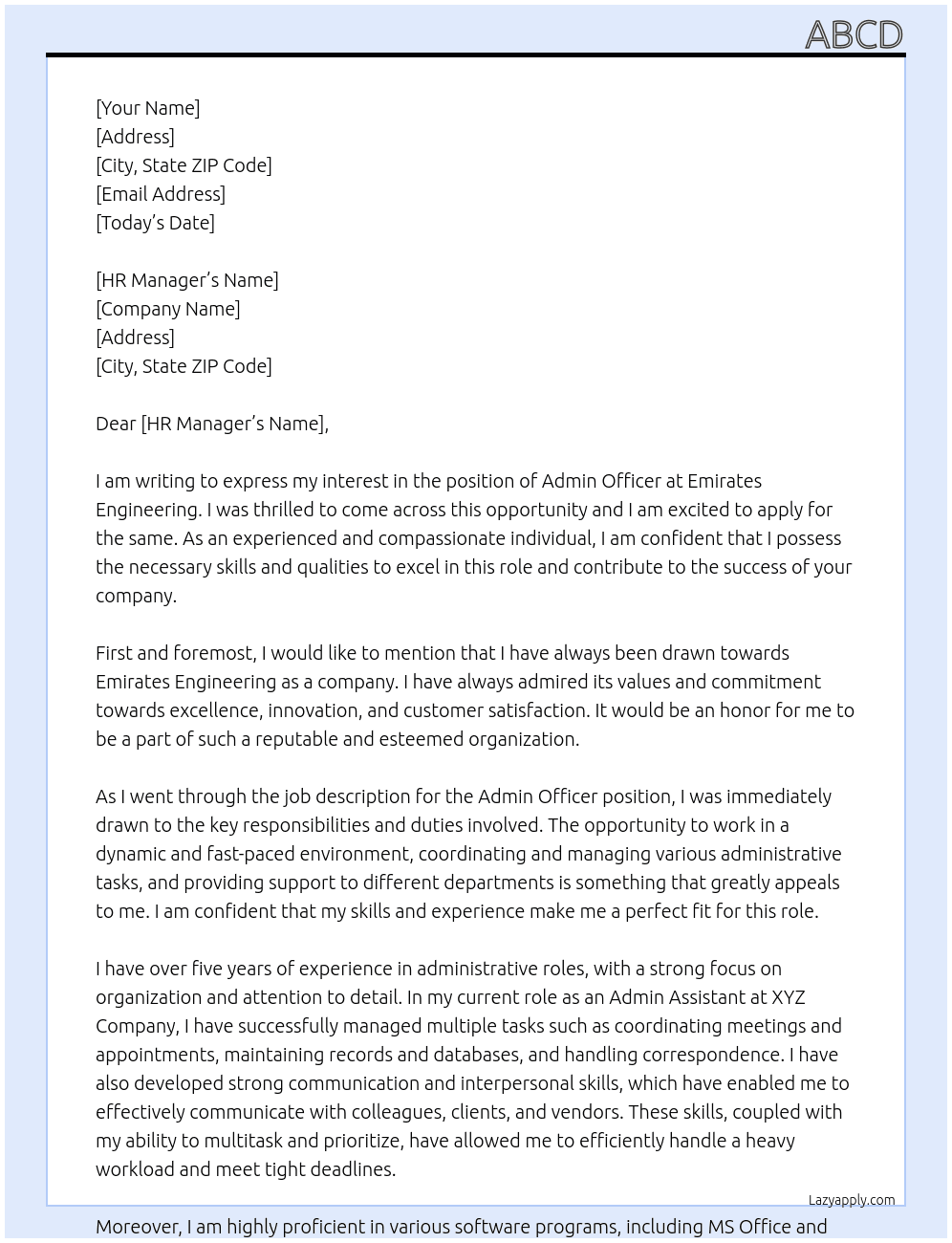 ADMIN OFFICER At EMIRATES ENGINEERING Cover Letter