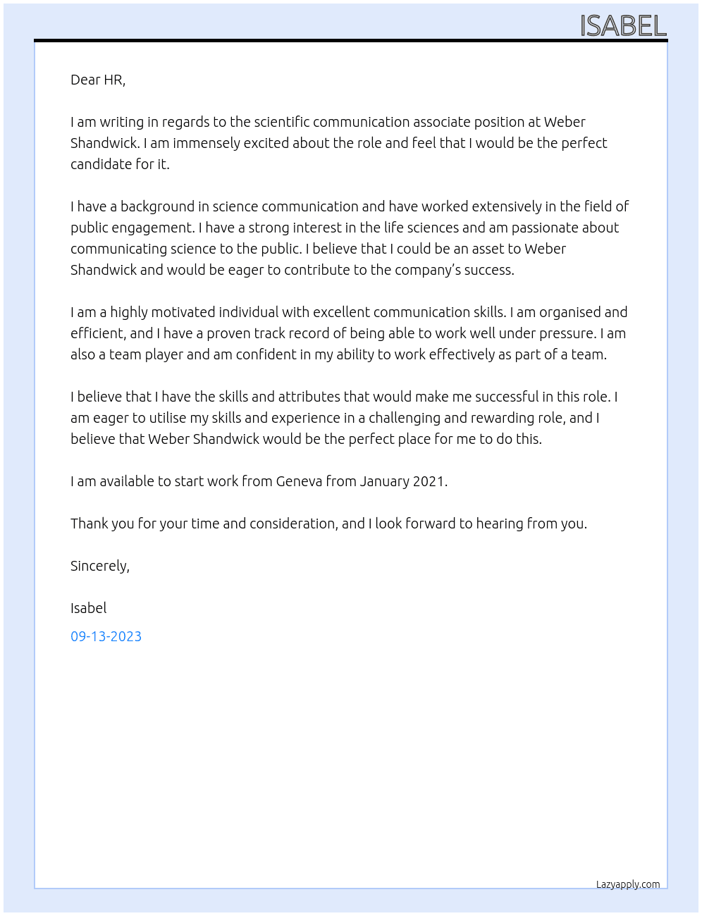 scientific communication associate At Weber Shandwick Cover Letter