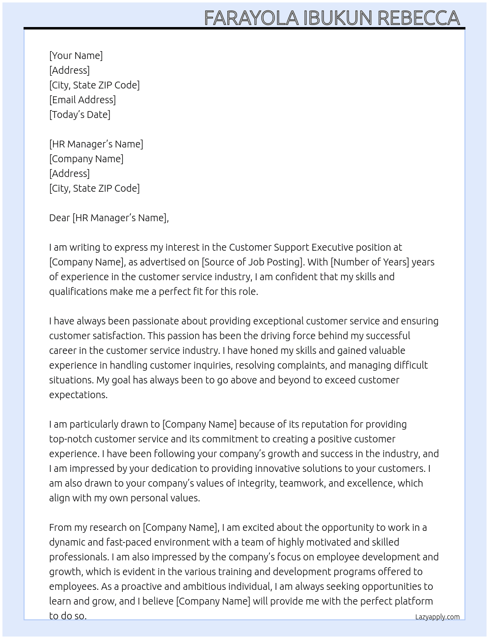 Customer support executive  At Hr Cover Letter