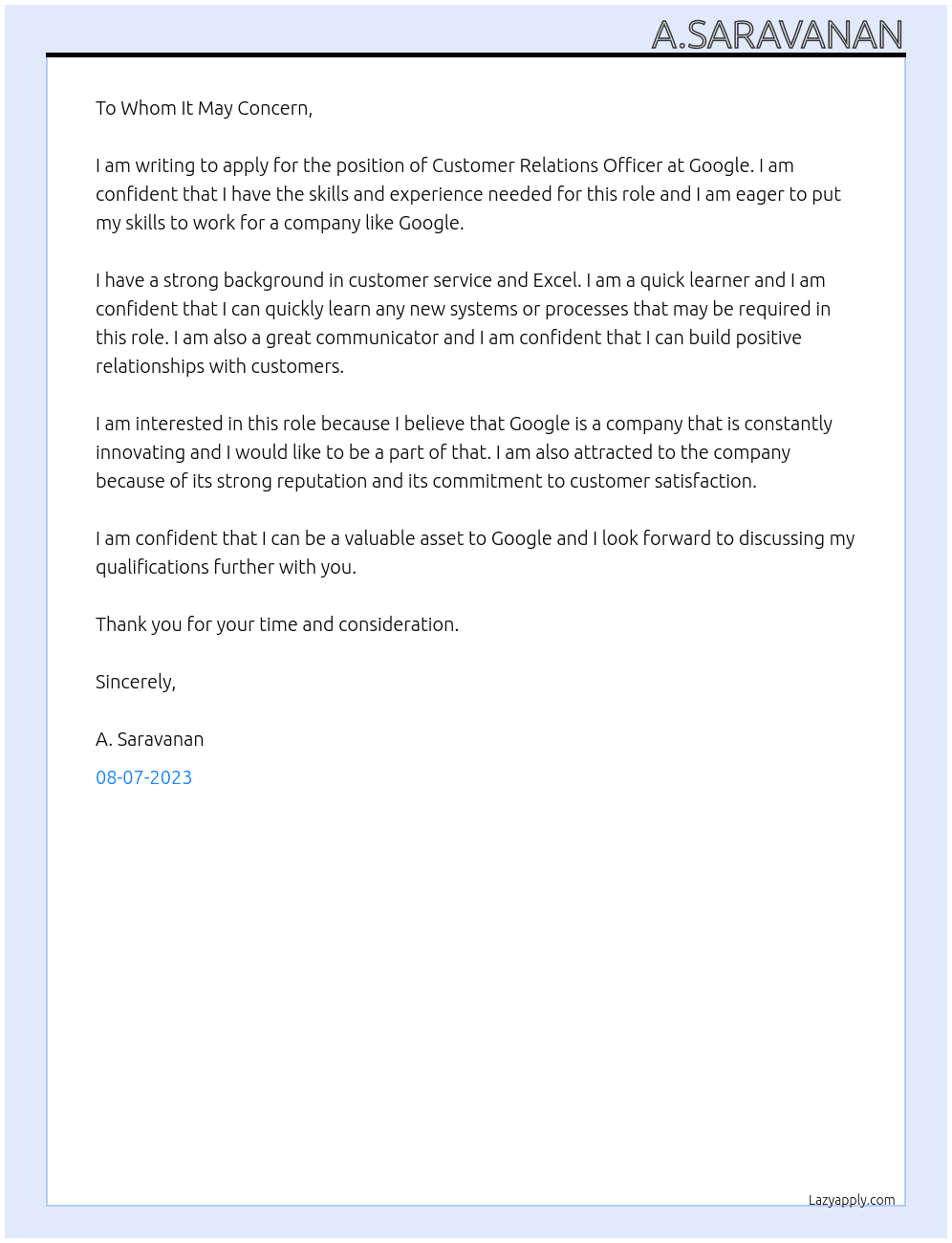 Customer Relations Officer  At Google  Cover Letter