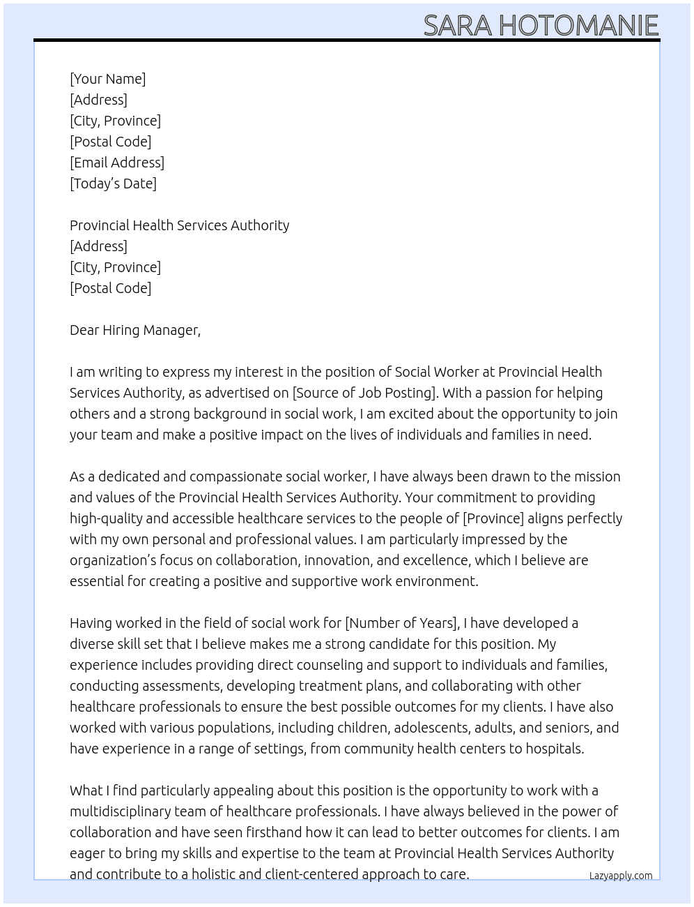 Social Worker At Provincial Health Services Authority Cover Letter