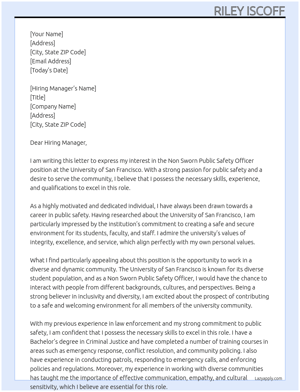 Non Sworn Public Safety Officer  At University of San Francisco  Cover Letter