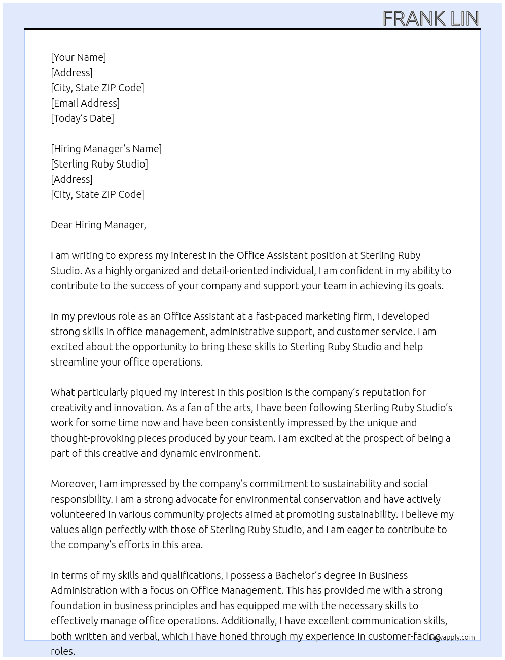 Office Assistant At Sterling Ruby Studio Cover Letter