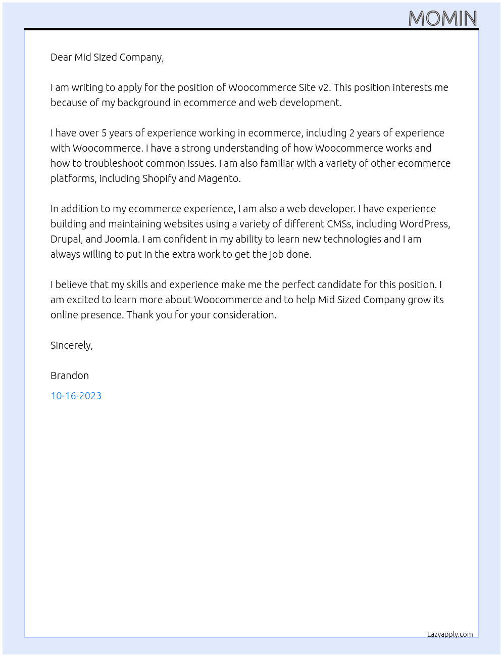 Woocommerce Site v2 At Mid Sized Company Cover Letter