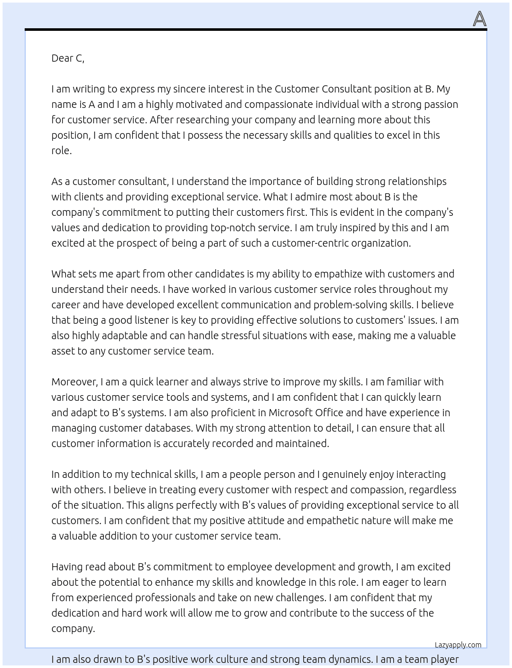 Customer Consultant At B Cover Letter