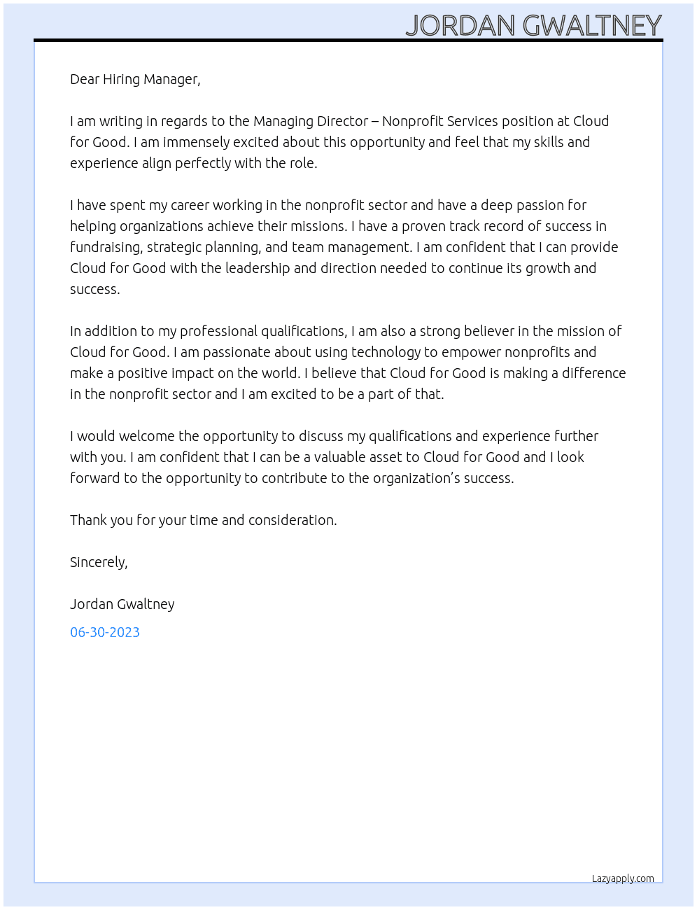 Managing Director – Nonprofit Services in the USA At Cloud for Good Cover Letter
