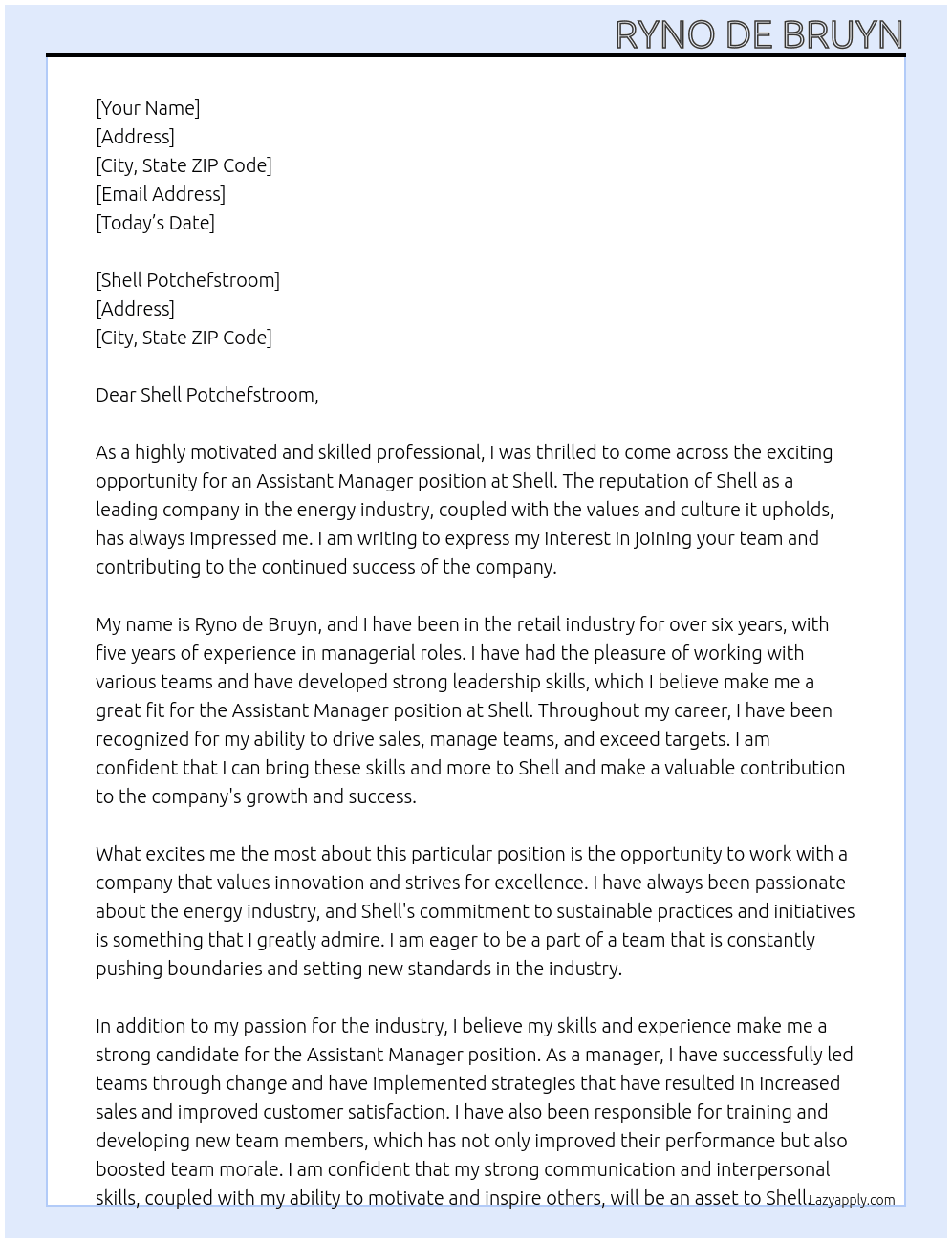 Assistant manager At Shell Cover Letter